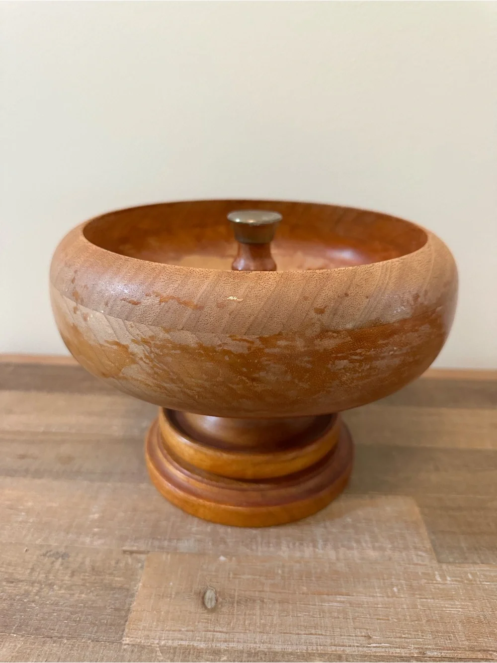 Vintage Hand-Turned Wood Pedestal Nut Bowl Warm Honey Brown Brass Cracking Anvil